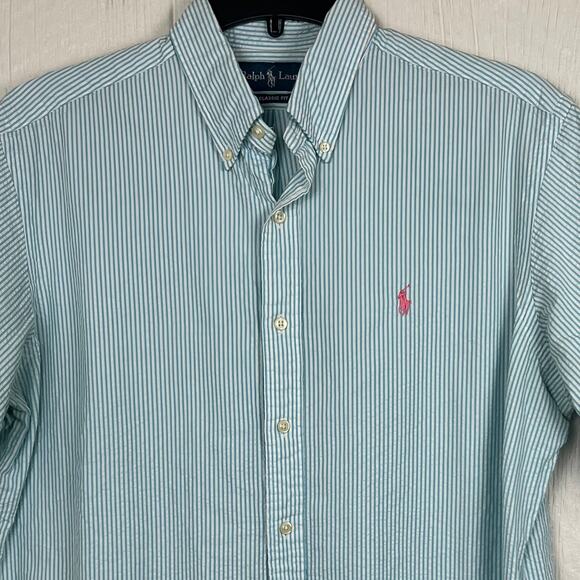 Ralph Lauren Seersucker Shirt men's Large classic fit, blue\ white stripe - Picture 3 of 5